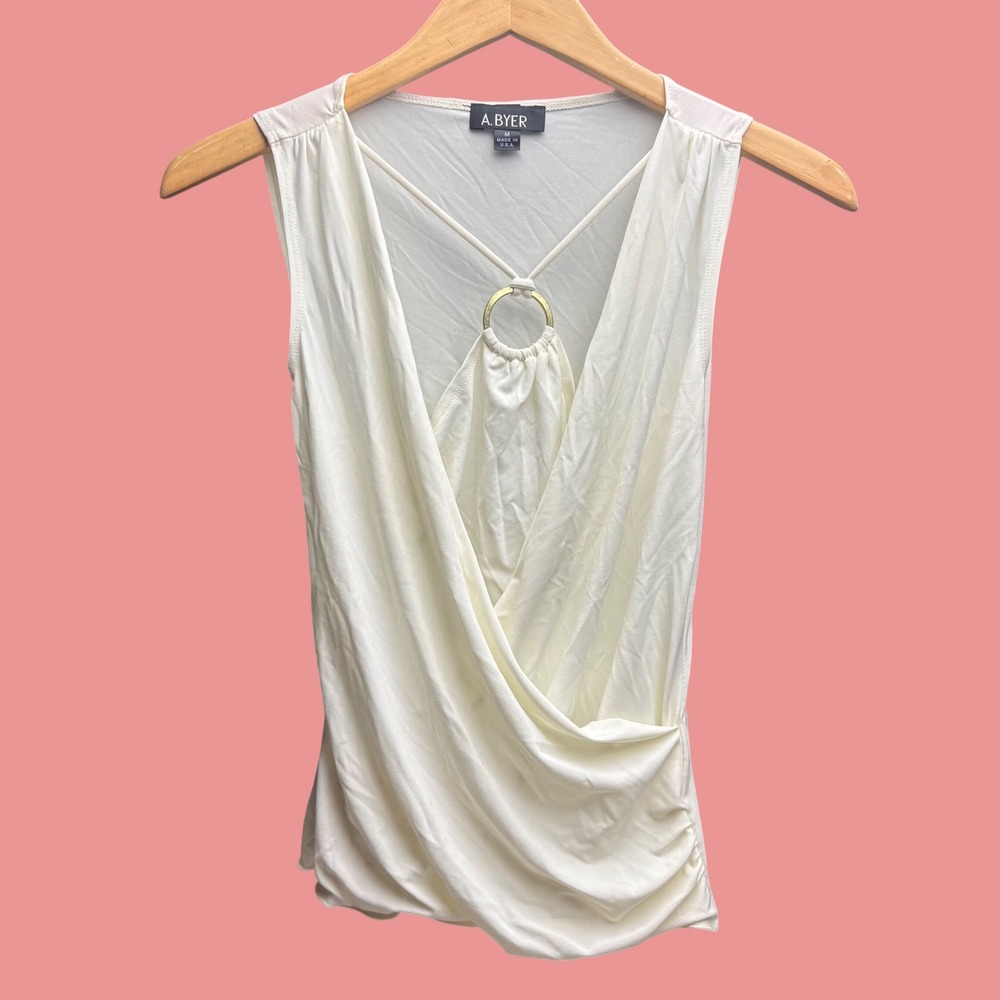 A. Byer Cream Ruched Surplice Top Gold O-Ring Sleeveless Size M